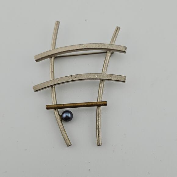 Abstract Brooch Pin Silver Tone Bars With Gold Tone Ladder Artistic Unique - Picture 1 of 4